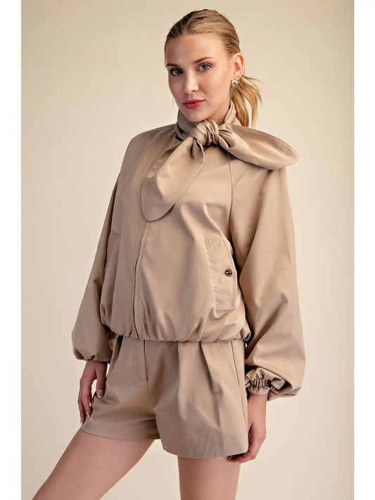 Scarf Collar Long Sleeve Puffy Jacket - Beige