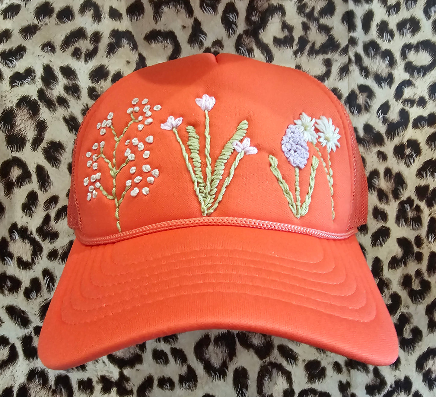 Hand Embroidered Flower Trucker Hat