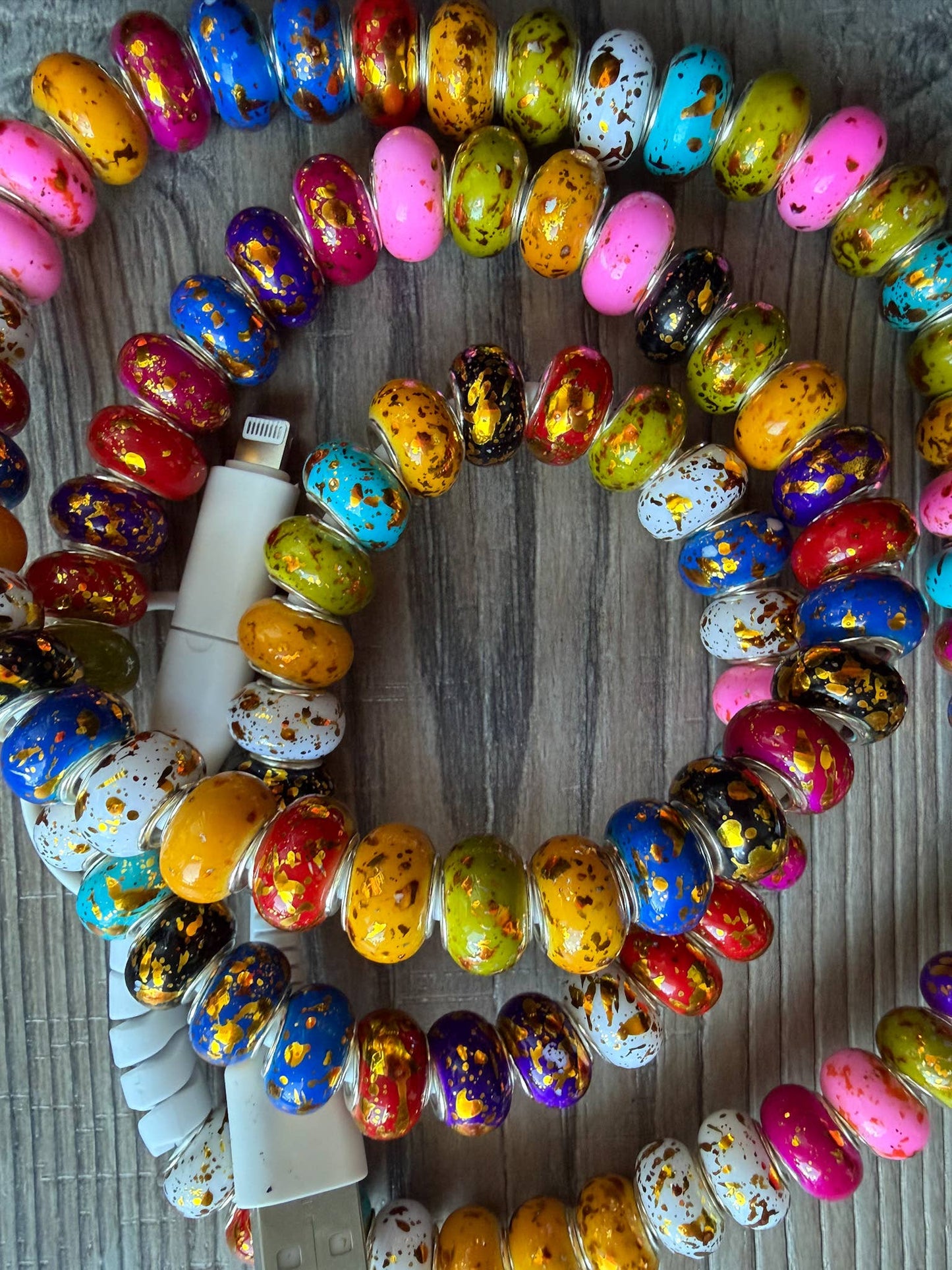 Gold Rainbow Beaded Phone Charger w/Lightning & USB-C