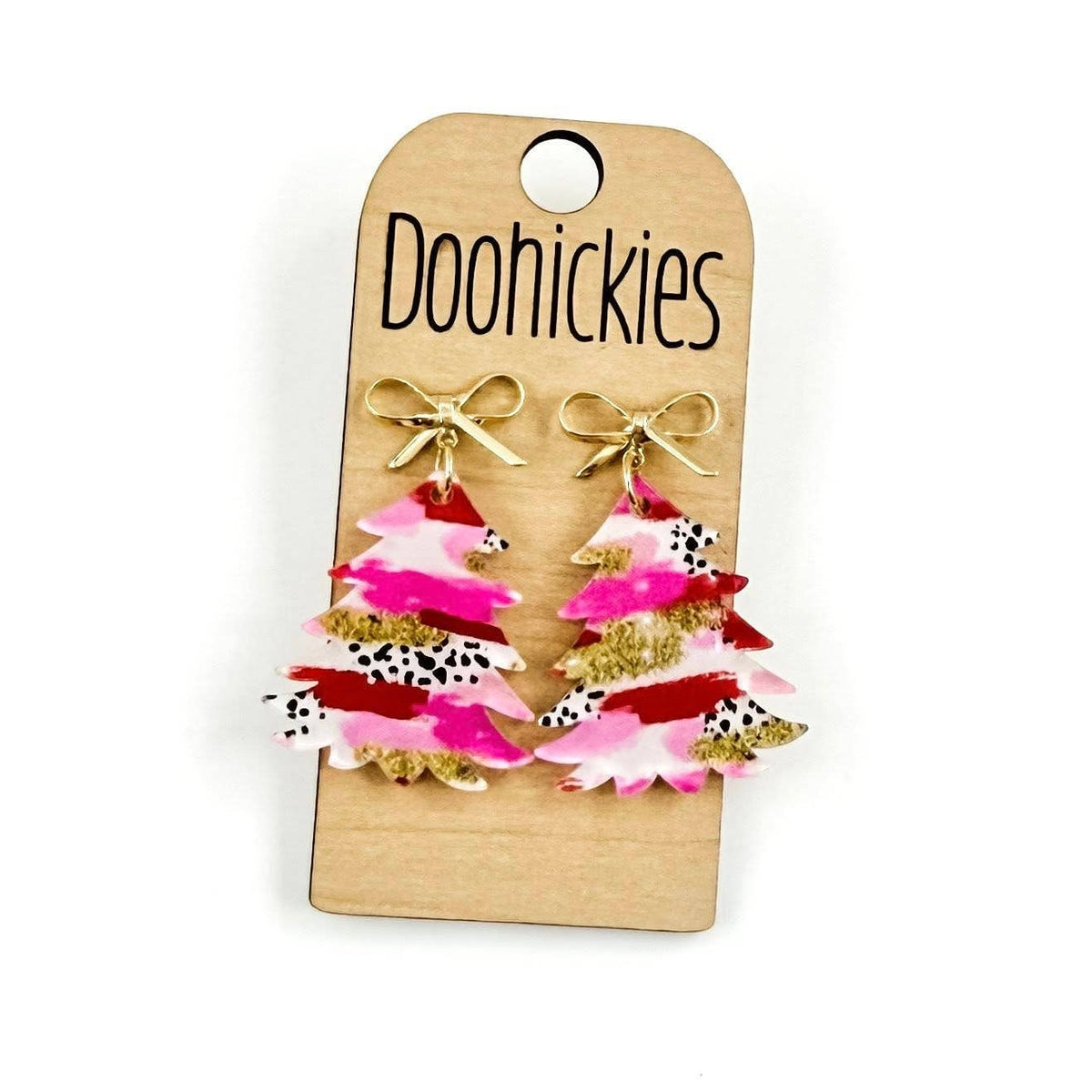 Festive Tree w/Gold Bow - Christmas Acrylic Earrings