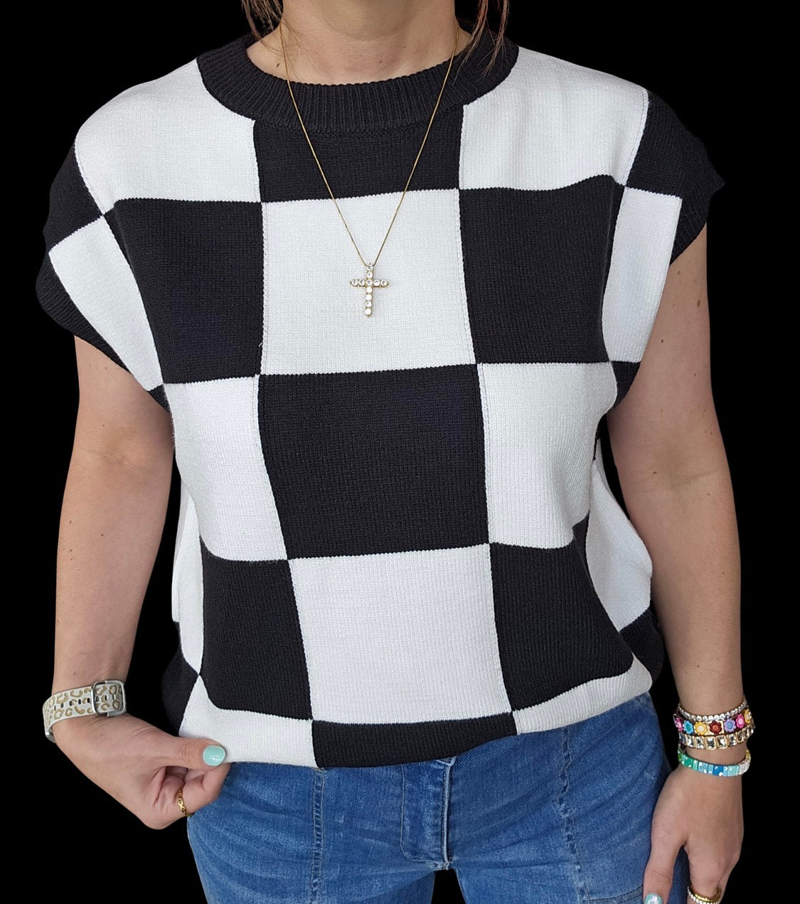 Checkered Knit Sleeveless Top
