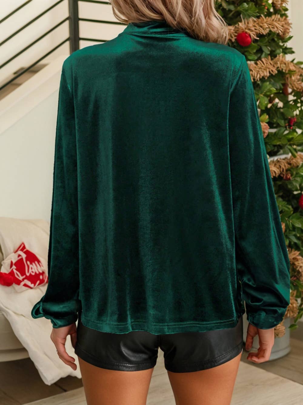 Asymmetric Button Keyhole Neck Long Sleeve Velvet Blouse