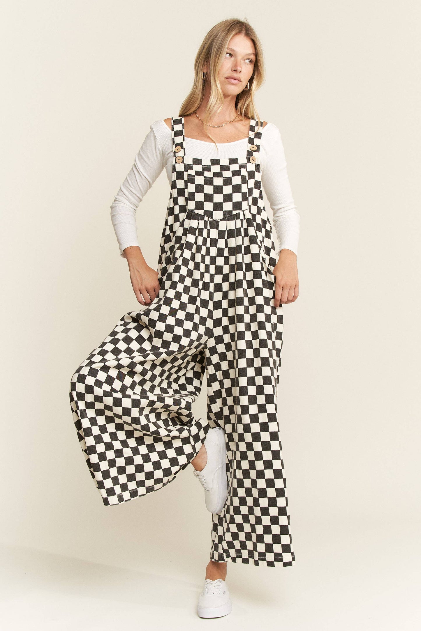 PLUS SIZE CHECKERED WIDE LEG OVERALLS