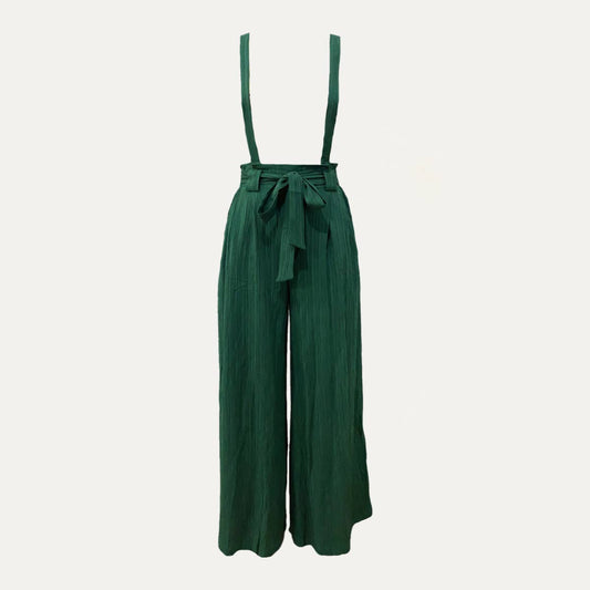 Hunter Green Belted Textured Wide-Leg Overalls