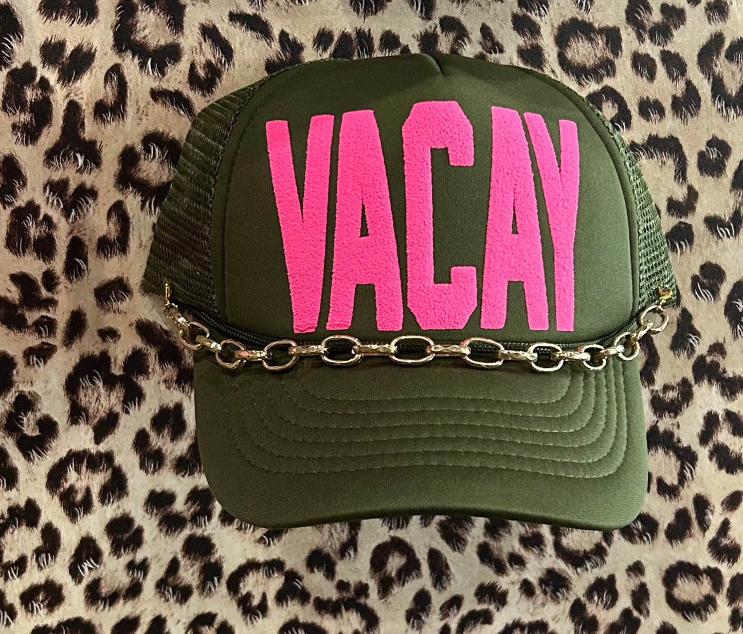 "Vacay" Green Trucker Hat w/Chain
