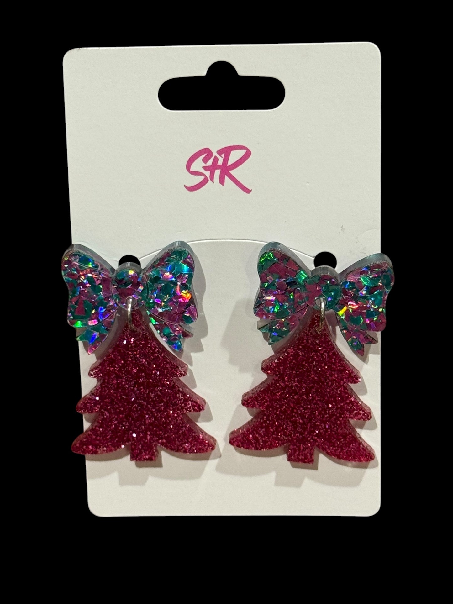 Pink Glitter Christmas Tree Dangle Earrings