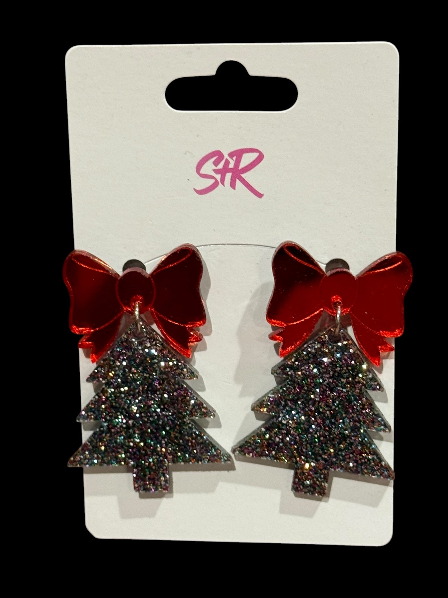 Glitter Christmas Tree with Red Bow Dangle Earrings