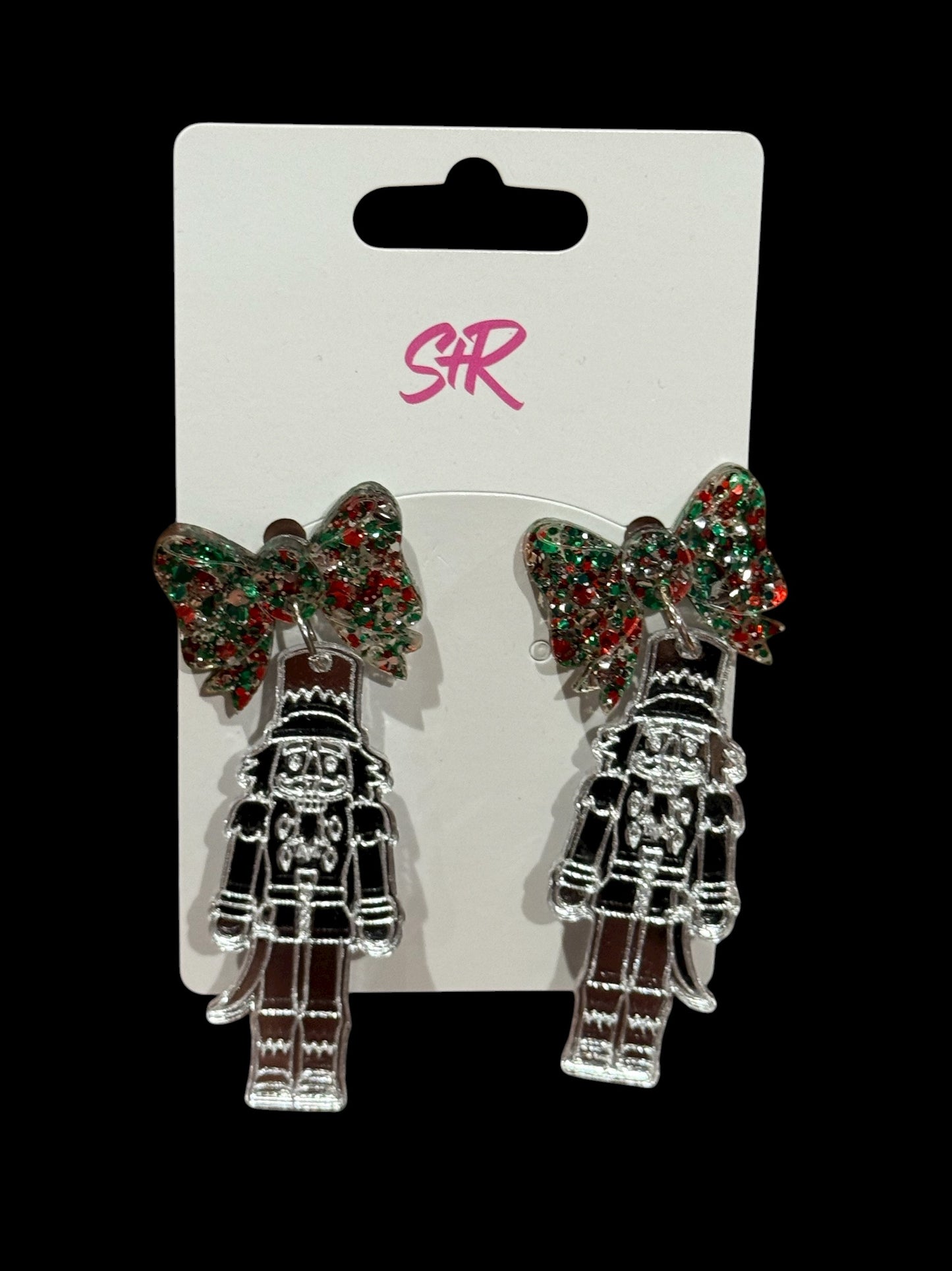 Glitter Bow Silver Nutcracker Dangle Earrings