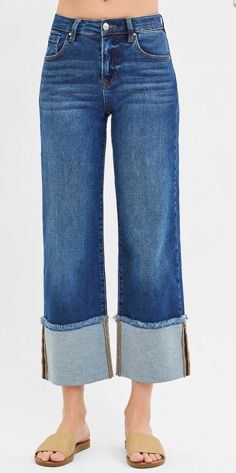 MID RISE CROP WIDE CUFFED JEANS