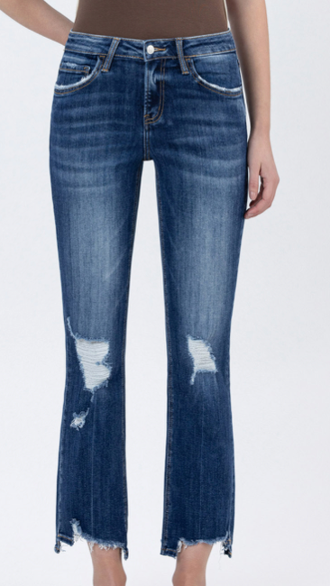 SPELLBOUND MID RISE SLANT STEP HEM CROP KICK FLARE JEANS