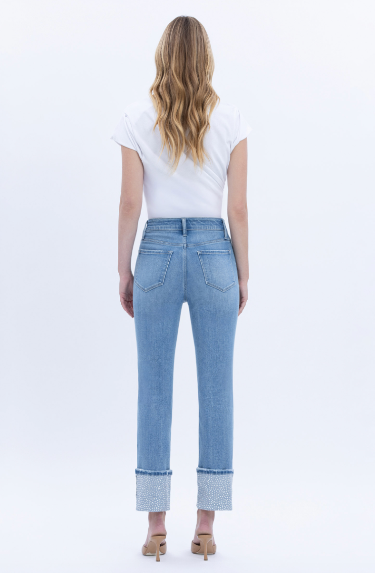 High Rise Crop Slim Straight Cuffed Stone Detail Jean