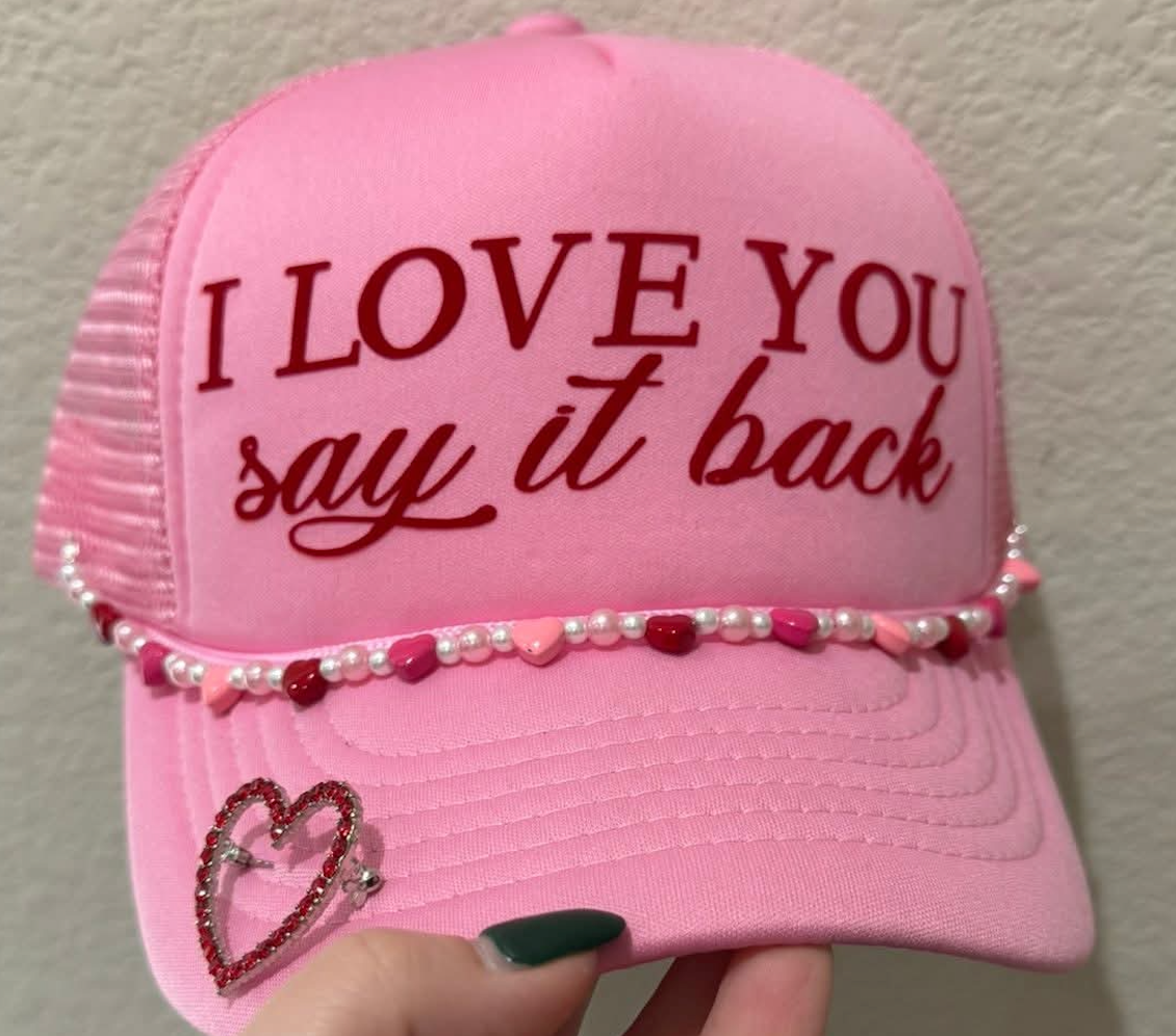 I Love You Say It Back Velvet Vinyl Pink Hat w/Chain