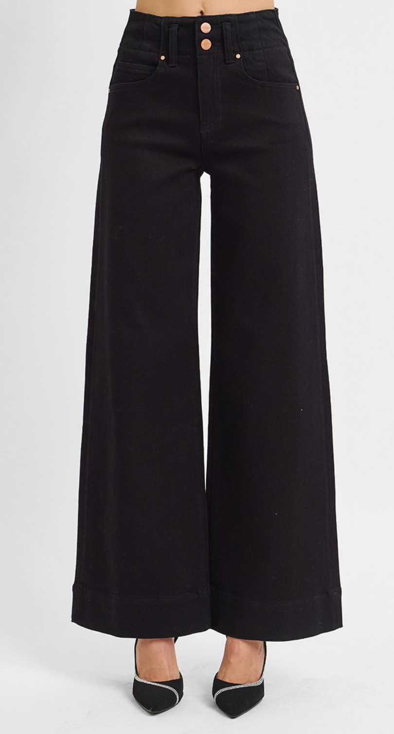 HIGH RISE ANKLE WIDE DOUBLE BUTTON DETAIL PANTS