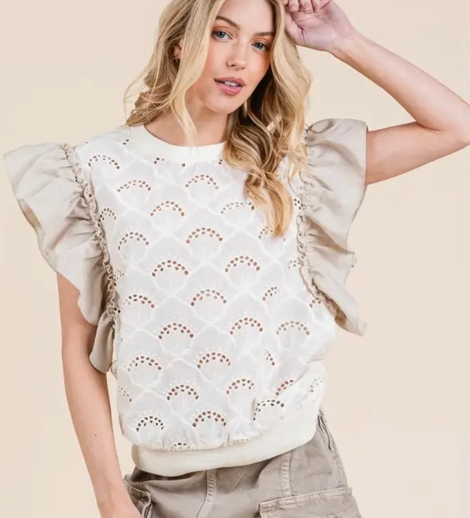 Ruffle Cap Sleeve Embroidered Eyelet Blouse