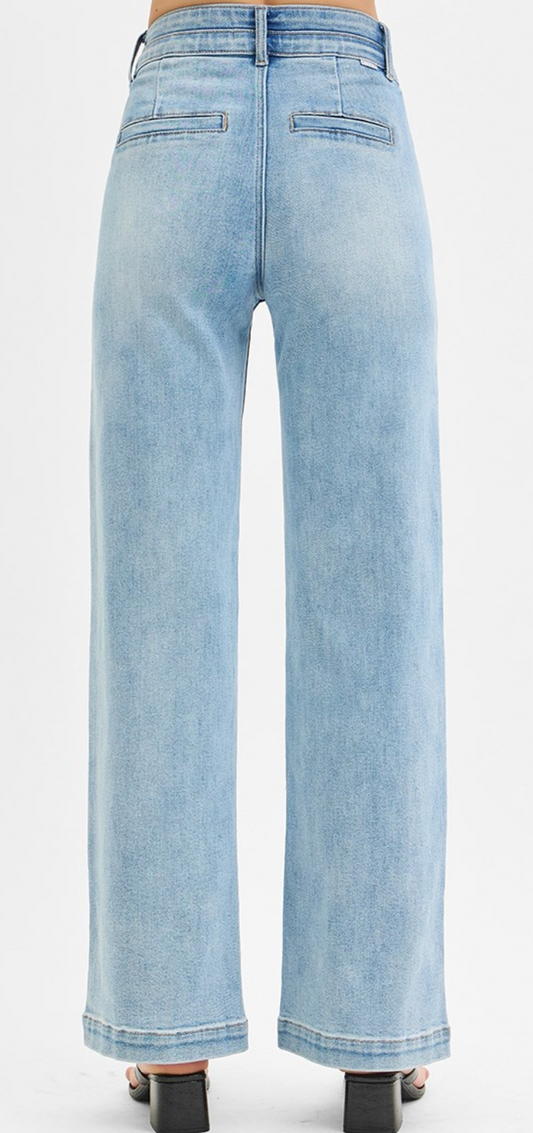 TUMMY CONTROL ELASTIC BAND HIGH RISE WIDE DOUBLE WAIST JEANS