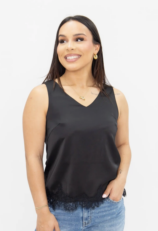 Faux Satin V Neck Tank with Lace Bottom