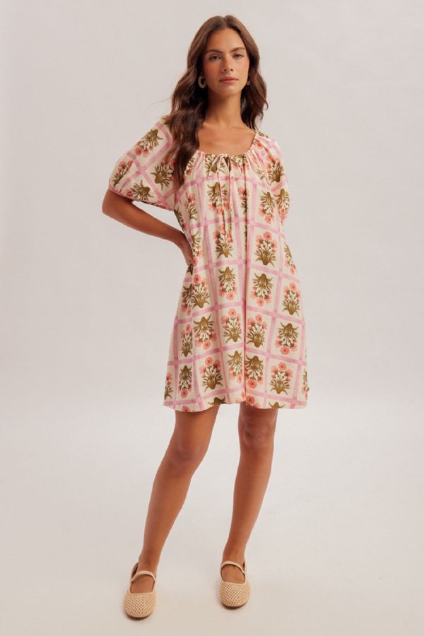 Floral Square Neckline Mini Dress