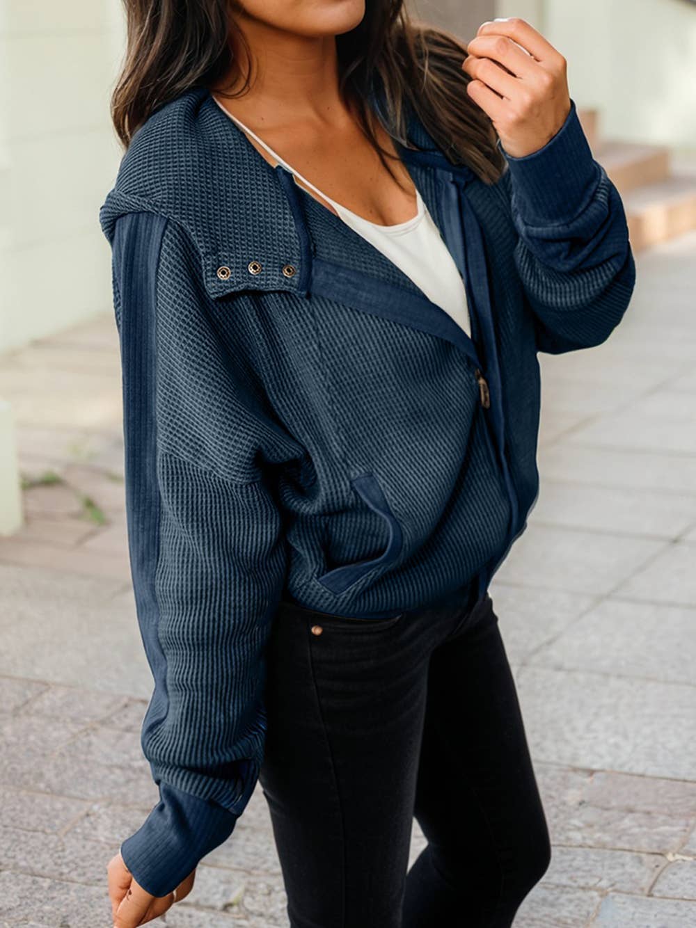 Waffle Splicing Zip Up Front Button Hooded Jacket