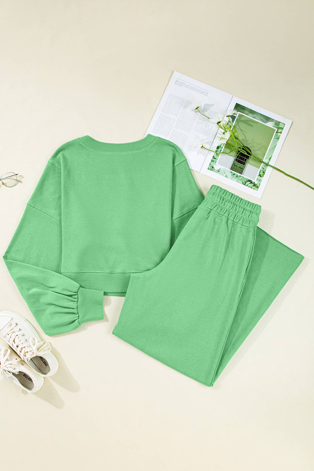 Drop Shoulder Puff Sleeve Pullover Pants Set