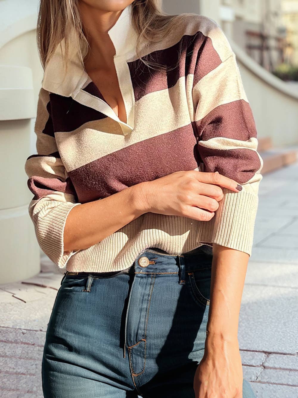 Ribbed Trim Color Block Knitted Polo Collar Sweater