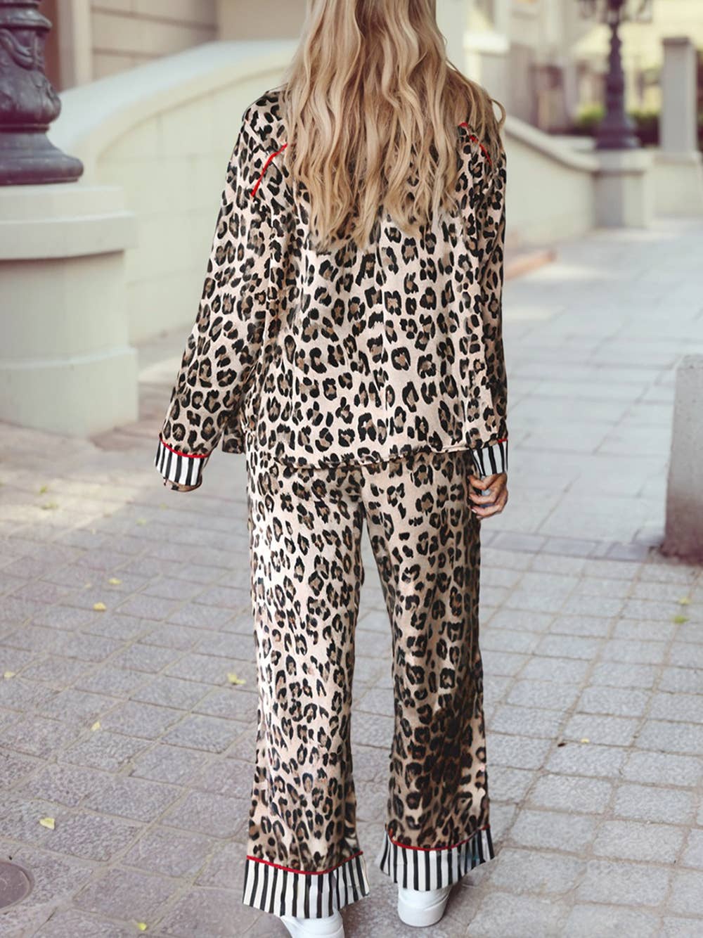 Leopard Colorblock Striped Edge Pajama Set