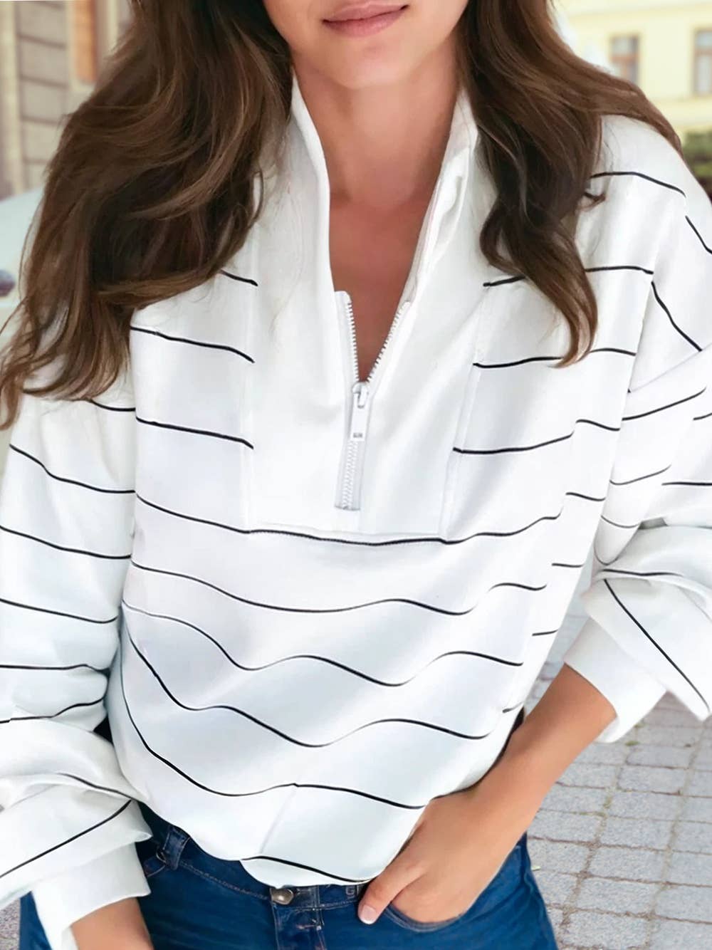 Striped Zipper V-Neck Drop Sleeve Top