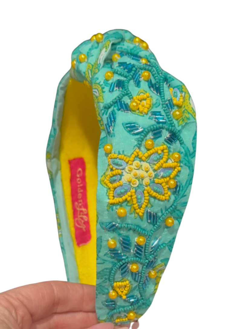 Teal & Yellow Beaded Headband