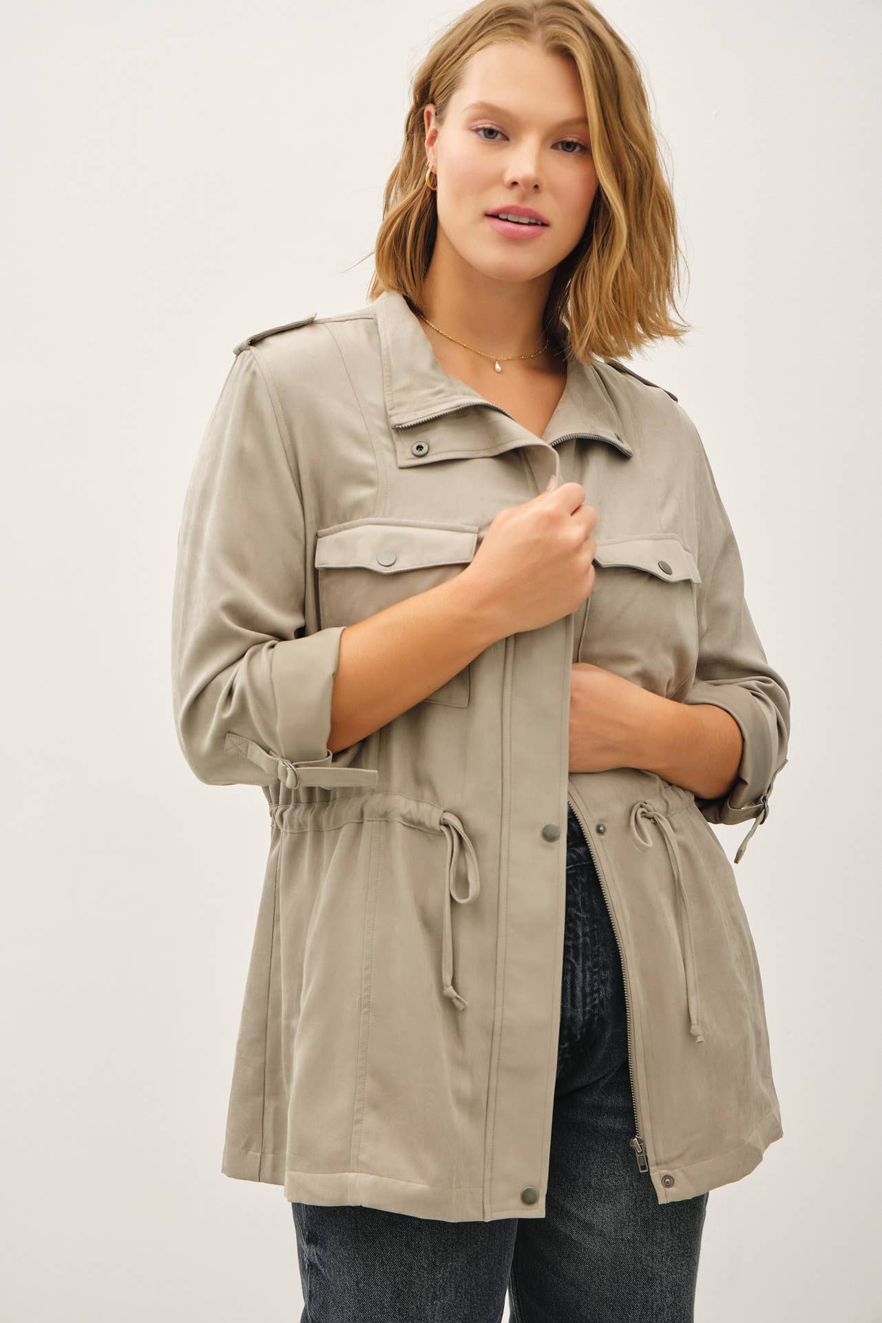 PLUS SIZE CINCHED WAIST CARGO UTILITY JACKET
