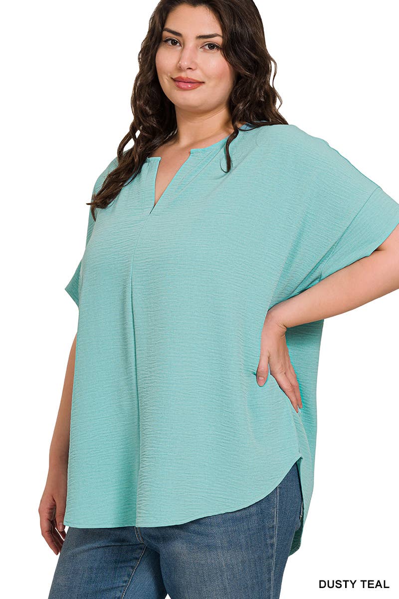 Woven Airflow Split Neck Short Sleeve Top