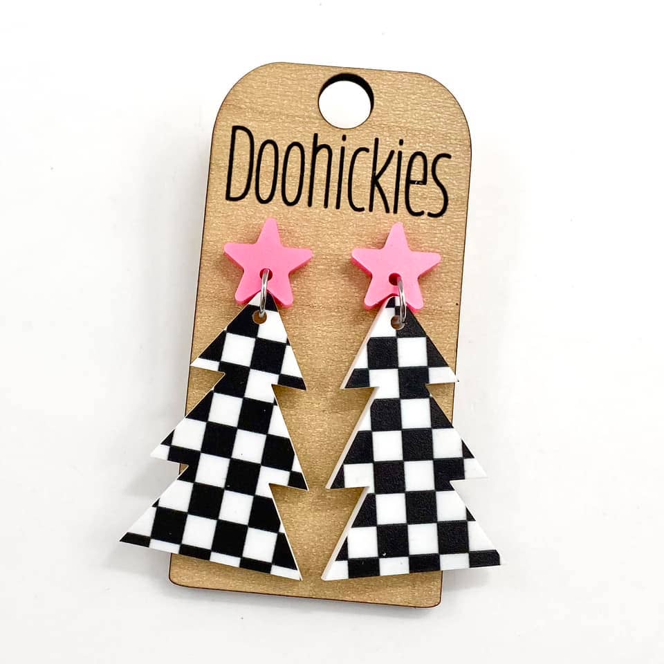 Pink Star Black & White Checkered Trees - Christmas Acrylic Earrings