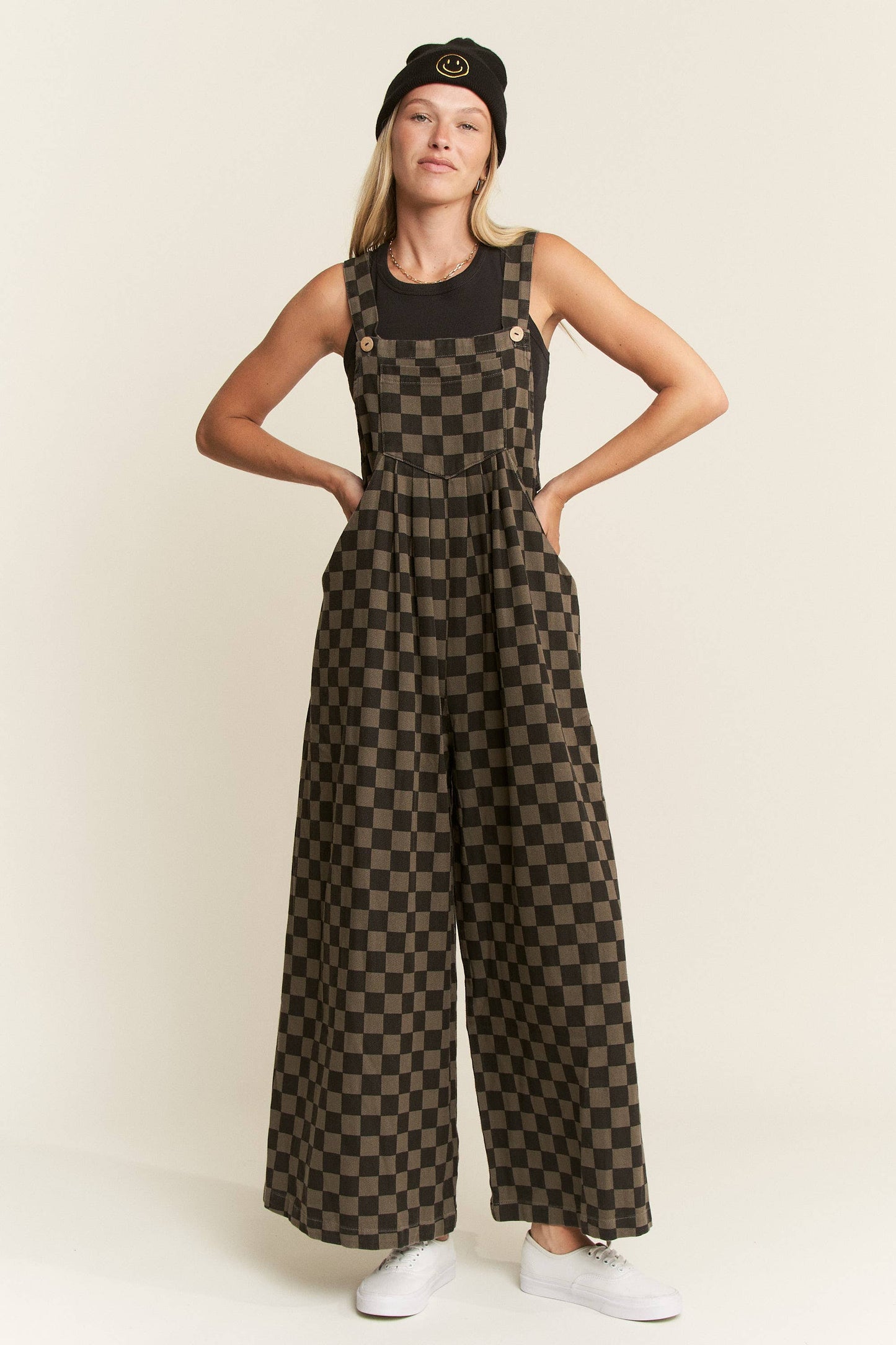 PLUS SIZE CHECKERED WIDE LEG OVERALLS