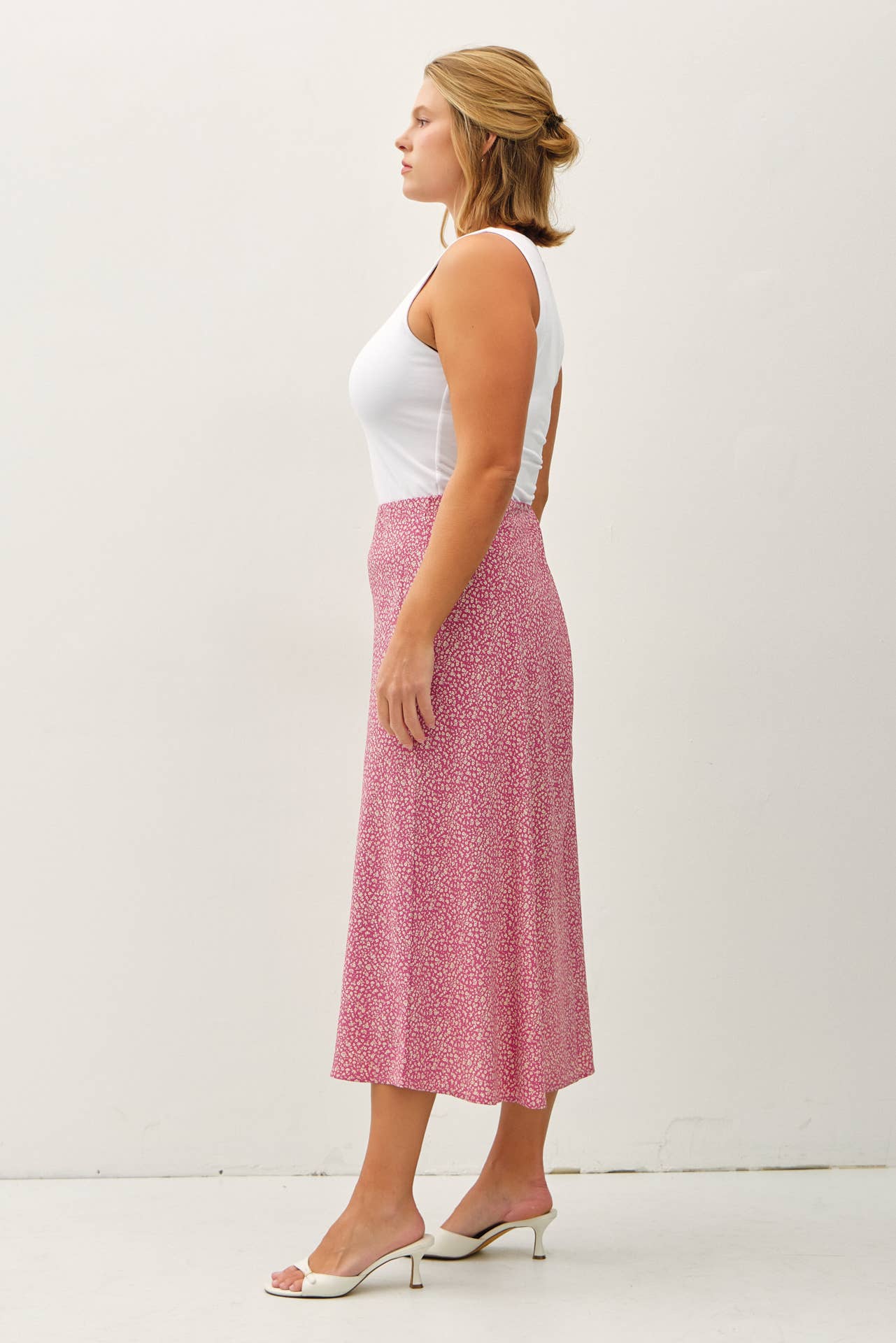 PLUS FLORAL PRINT MIDI SKIRT W/ ELASTIC WAISTBAND