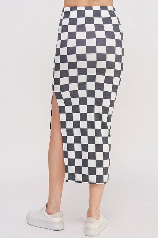 HI-WAIST CHECKERED MIDI PENCIL SKIRT w/ SIDE SLIT