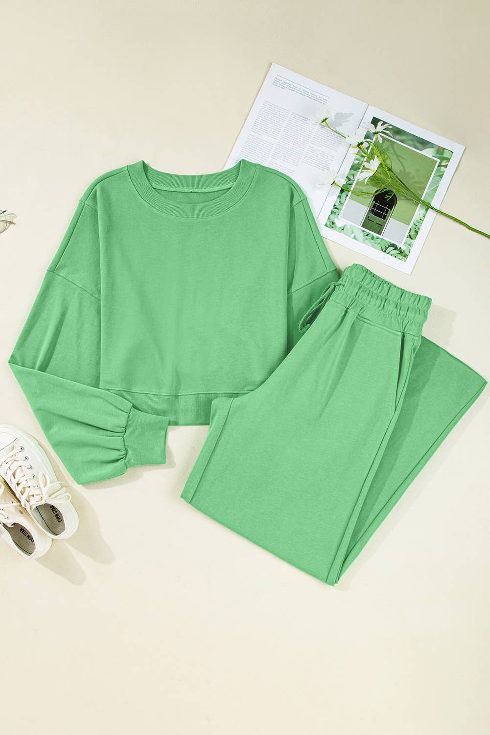 Drop Shoulder Puff Sleeve Pullover Pants Set