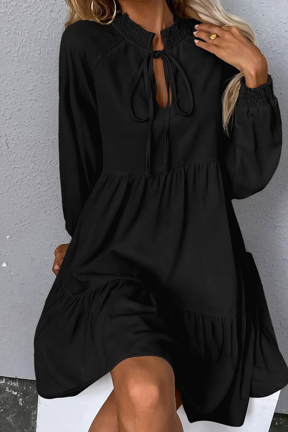 Black Tie Split Neck Smocked LS Ruffle Hem Loose Dress