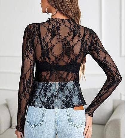 Long-Sleeve Sheer Lace Floral Mesh Top