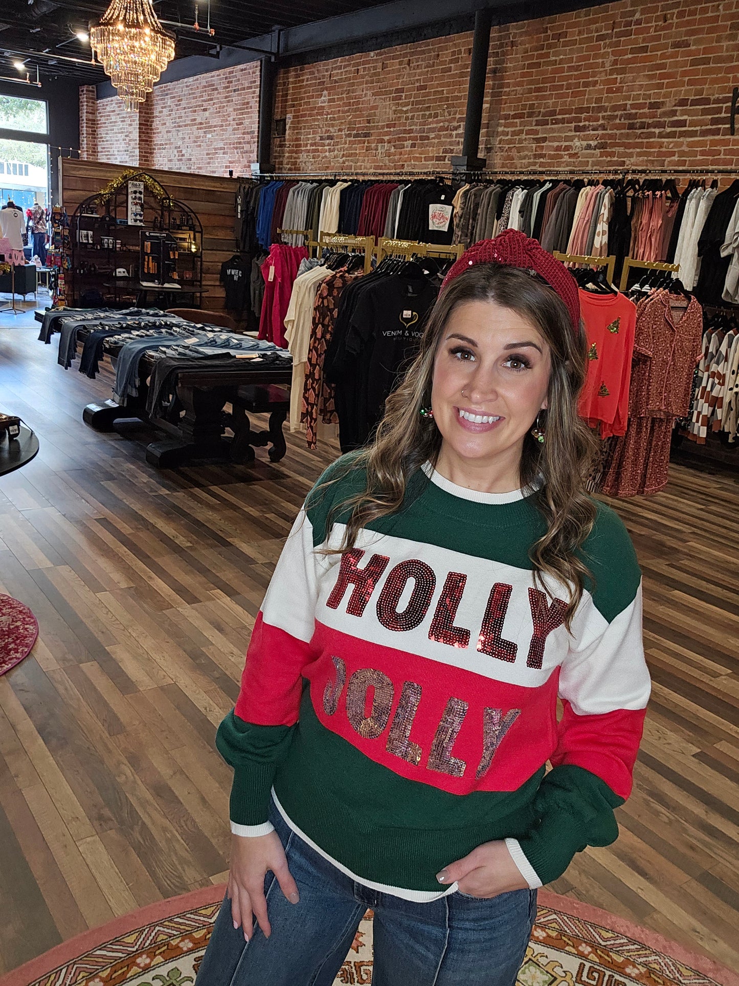 HOLLY JOLLY Sequined Color Block Crew Neck Sweater