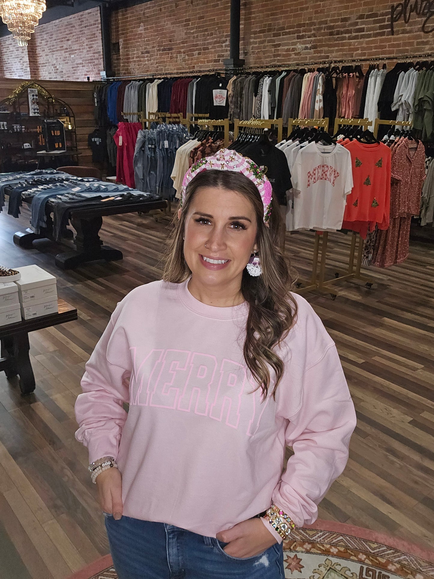 Merry Monochrome Pink Cropped Crewneck Sweatshirt