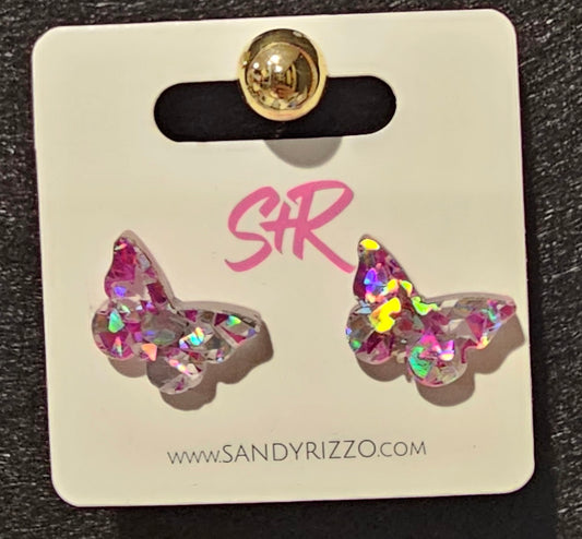 Pink & Silver Confetti Butterfly Studs