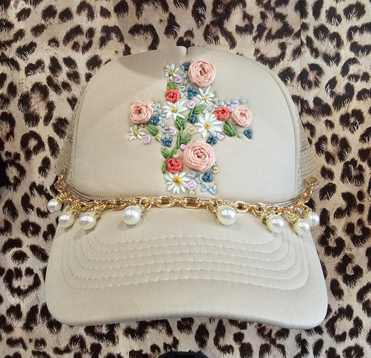 Hand Embroidered Floral Cross Trucker Hat w/Chain
