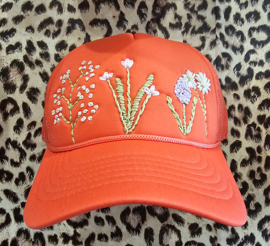 Hand Embroidered Flower Trucker Hat