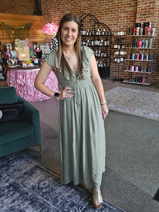 Sage V-Neck Midi Dress