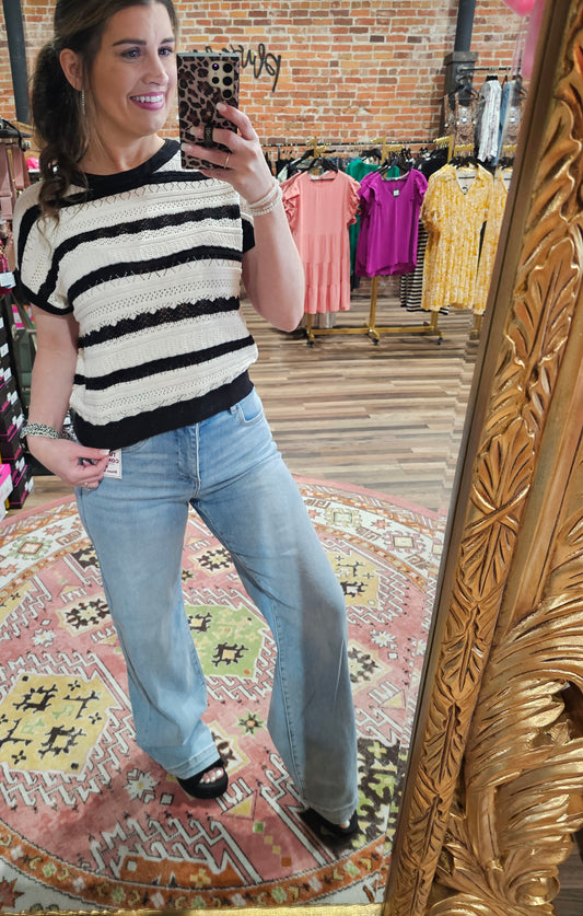 Ivory/Black Stripe Crochet Sweater