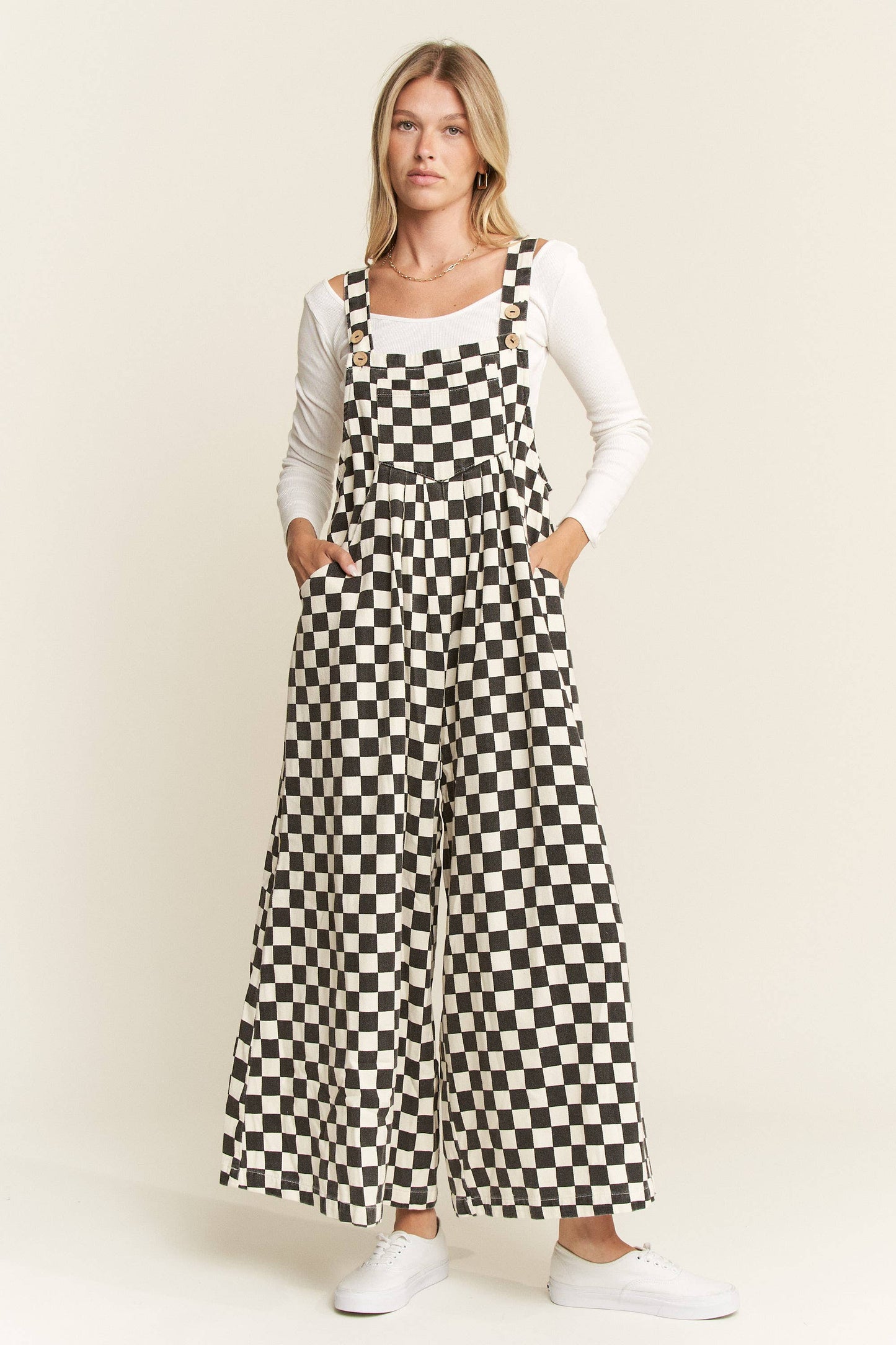 PLUS SIZE CHECKERED WIDE LEG OVERALLS