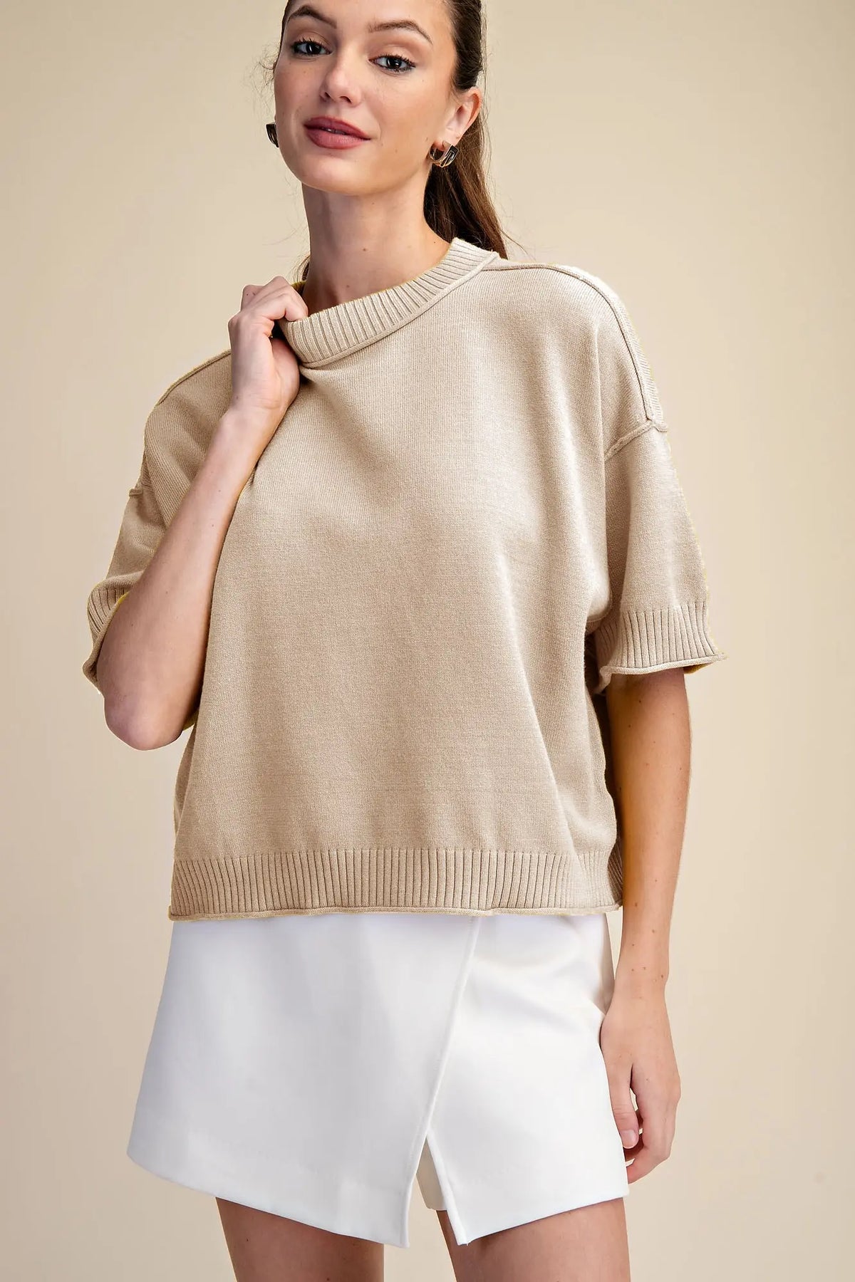 Relaxed Sweater Crew-Neck Elbow-Length Sleeves - Beige