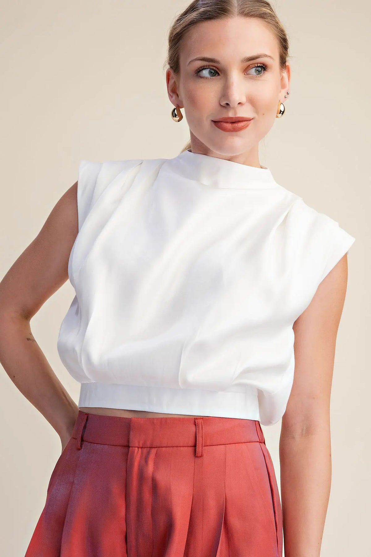 High Neck Back Zipper Shoulder Pleat Top