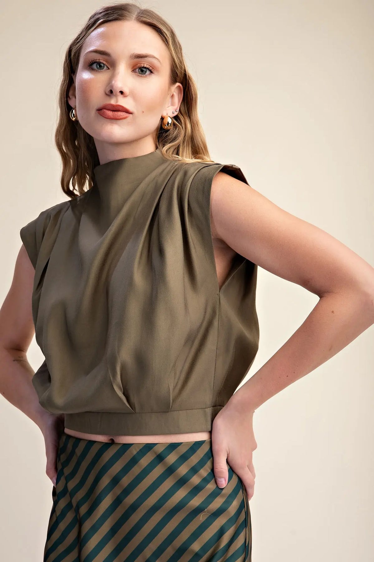 High Neck Back Zipper Shoulder Pleat Top