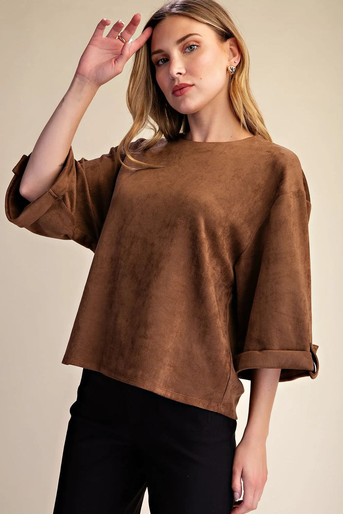 Wide Sleeve Cuffs Pullover Top - Brown