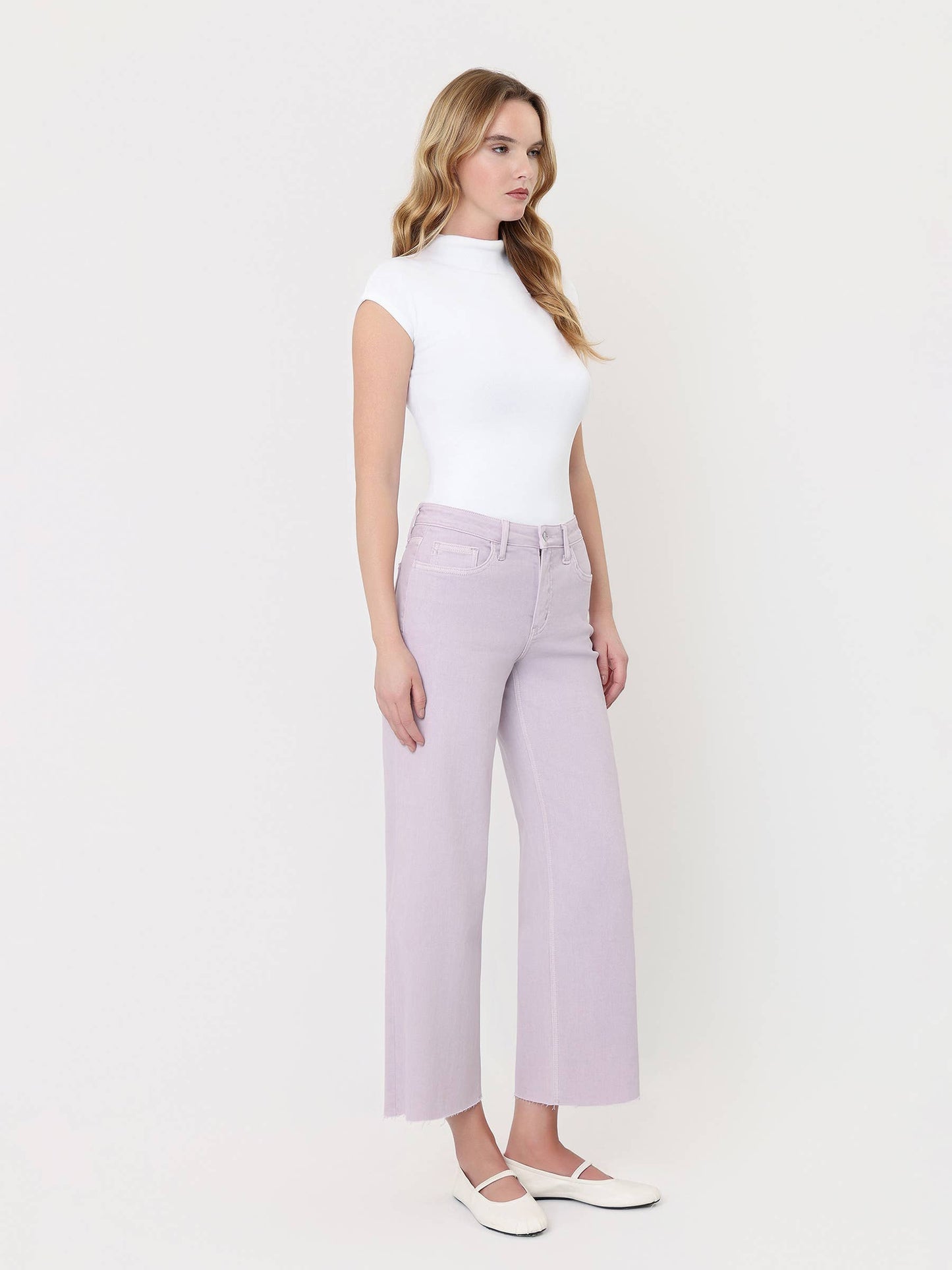 HIGH RISE LAVENDER COLOR CROP WIDE LEG JEANS