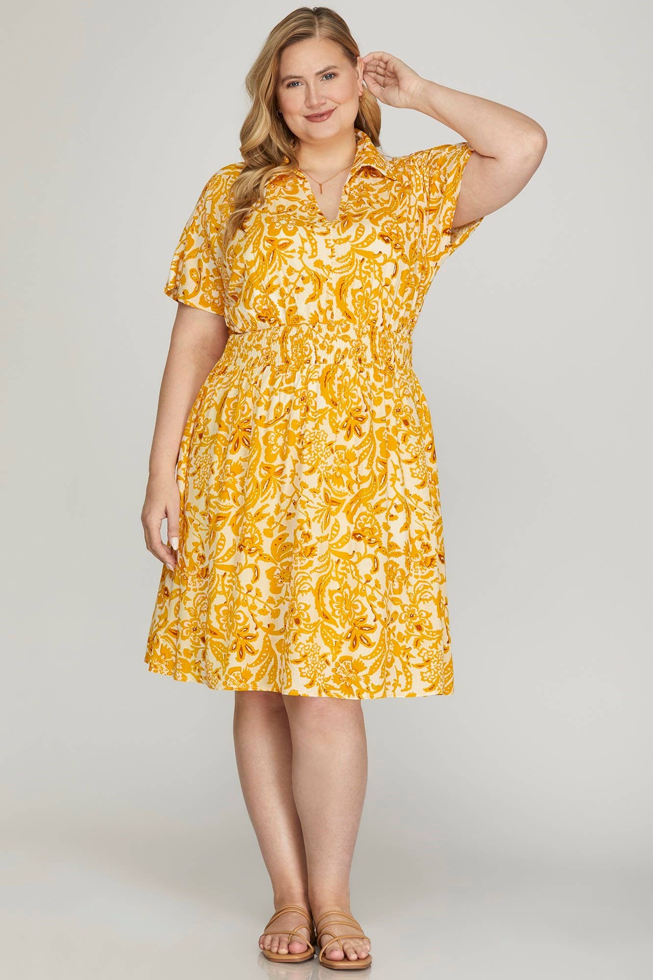 Plus Short Drop Sleeve Print Collared Dress - Sunflower